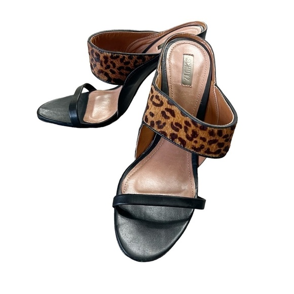 40-Schultz Black Leather and Leopard Stiletto Sandals Size: 8 Med. - Picture 3 of 12